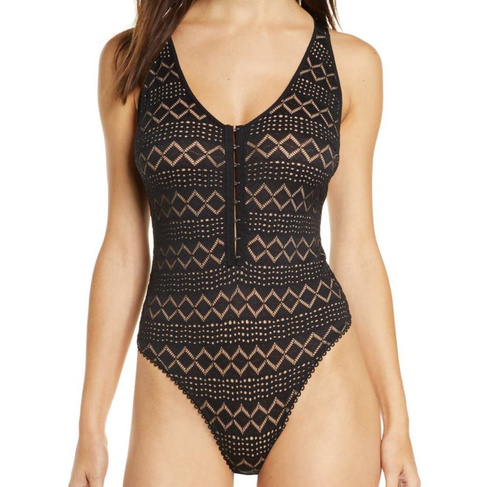 NEW Free People Thank You Never Bodysuit Geometric Lace Tank Crisscross Back - Picture 4 of 5